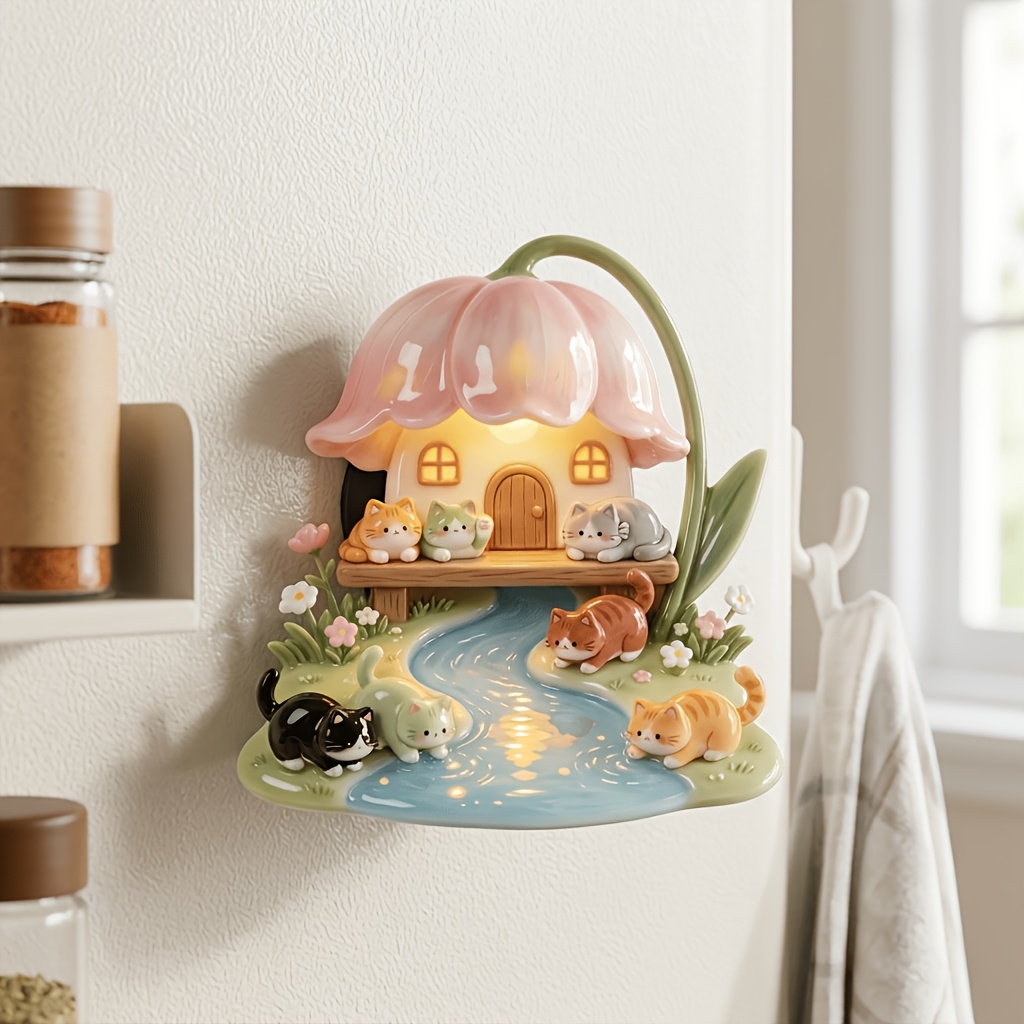 TEMU 3d Relief Lily Of The Valley Flower Cat House Refrigerator Magnet, House With Stream And Multiple Cute Cats Miniature Scene Resin Magnetic