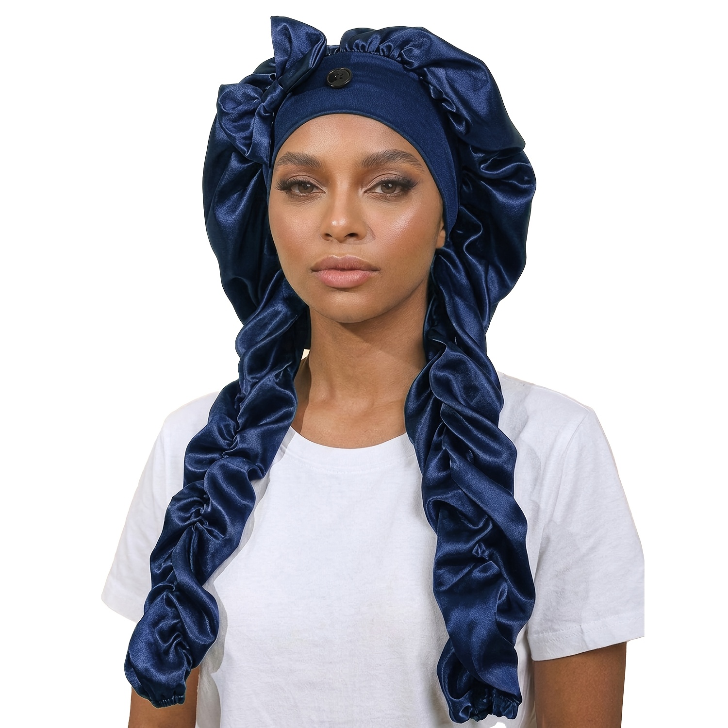 TEMU Bonnet pour cheveux en SATIN avec NOD BOW et LONGUES queues TRESSÉES, Bonnet de soin capillaire FIXÉ par BOUTON, SERRE-TÊTE de NUIT ANTI-FROIDS