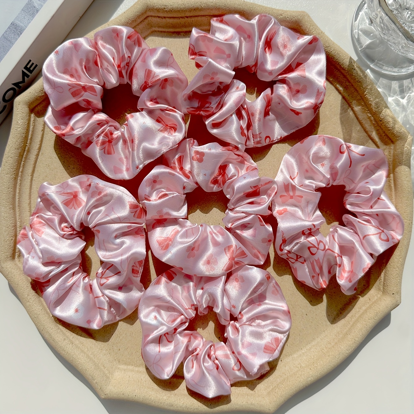TEMU 6pcs Pink Cherry Bow Color Block Print Large Donut Hair Ties Set