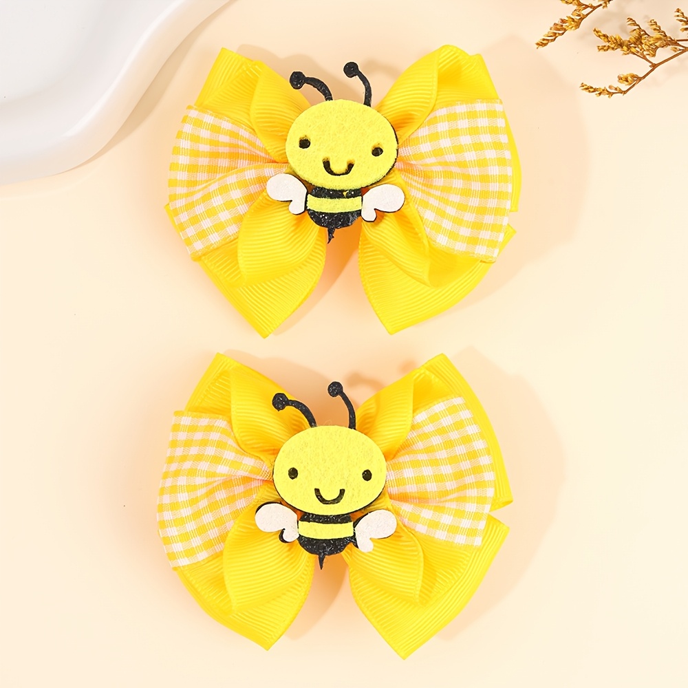 Image of 2pcs Sweet Bee Bow Hair Clips For - Yellow Plaid Bow Hairpin Hair Additions For Daily Wear