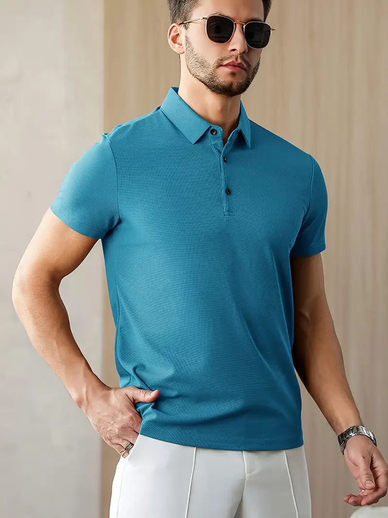mens summer shirt solid color casual short sleeve with button collar lightweight polyester for sports outdoor leisure activities casual summer wear knitted weave details 20