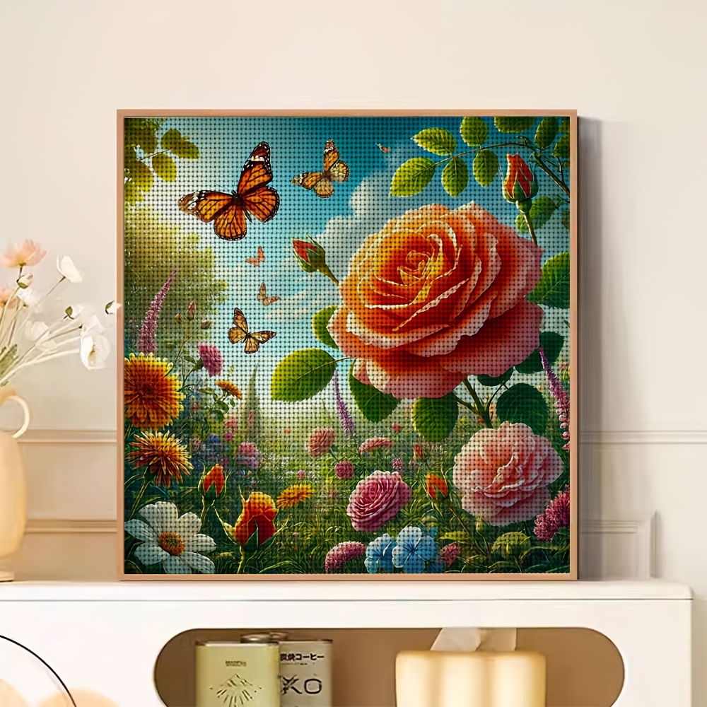 Frameless Cross Stitch Printed Kit, Butterflies Dancing Around Roses