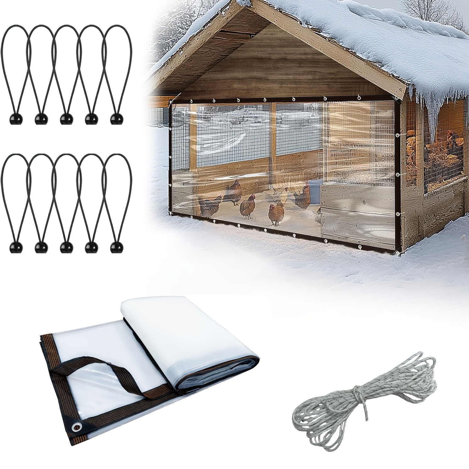 Chicken Coop Cover For Winter - Waterproof Durable Tarp With Elastic Cords And Rope, For Large Chicken Cage Walk-in Pen