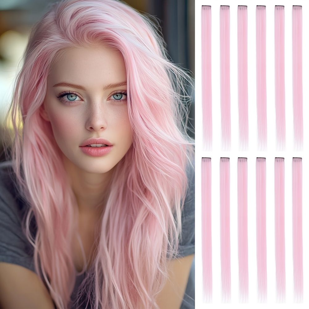 Image of 12pcs Of Light Pink Colored Hair Clip Extensions, For Women, Suitable For Use As An Alternative To Hair Dye For Festive Occasions Such As Halloween And Christmas
