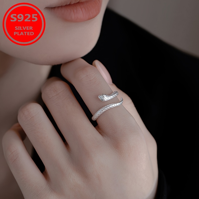TEMU Anillo de serpiente ajustable para mujer chapado en plata 925 - Serpiente enrollada con ojos de CZ verde, de , diámetro interior de 1.6-1.9 cm,