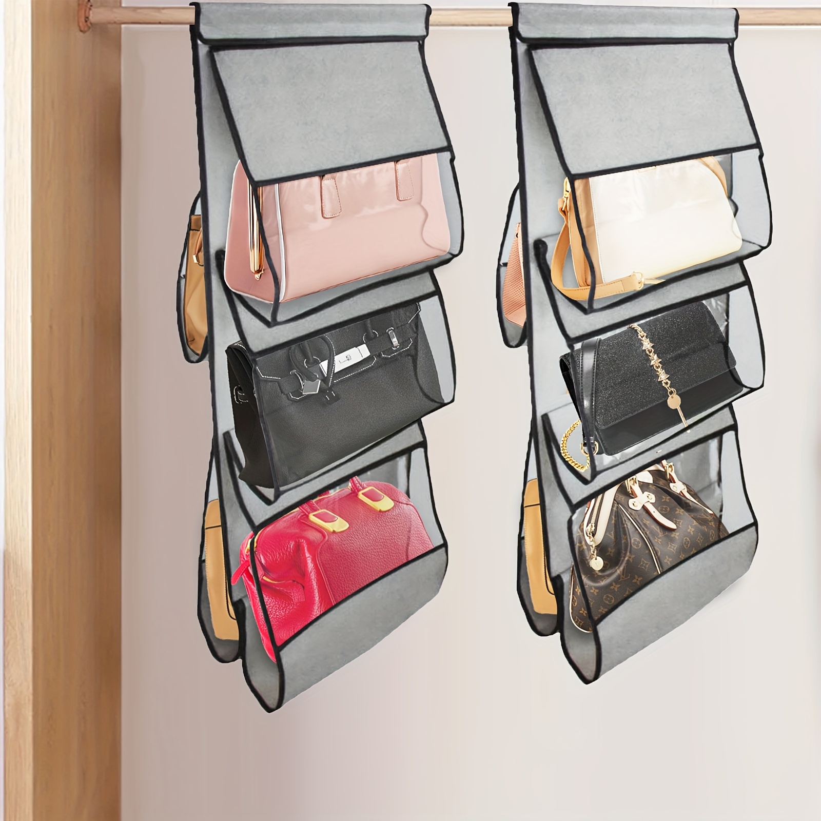 

5 Compartment 2-pcs, Fabric Tote Organiser - Closet Hanging Purse Holder, Clear Display, Space Saving, , Foldable Design, Suitable For Home And Bedroom Organisation