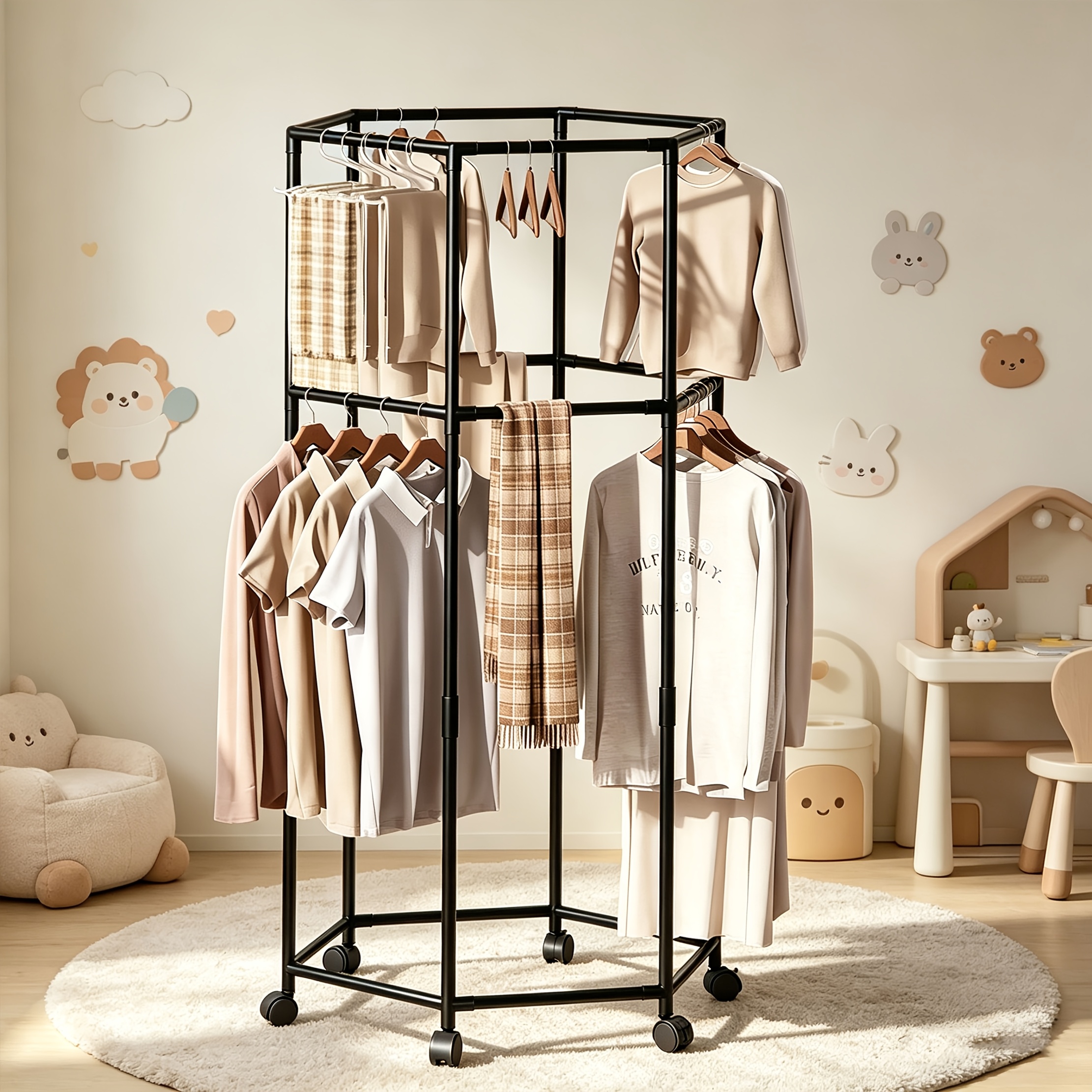 TEMU Étagère à vêtements rotative renforcée à double couche, étagère d'angle à roulettes, étagère de rangement de vêtements encombrante, convient aux