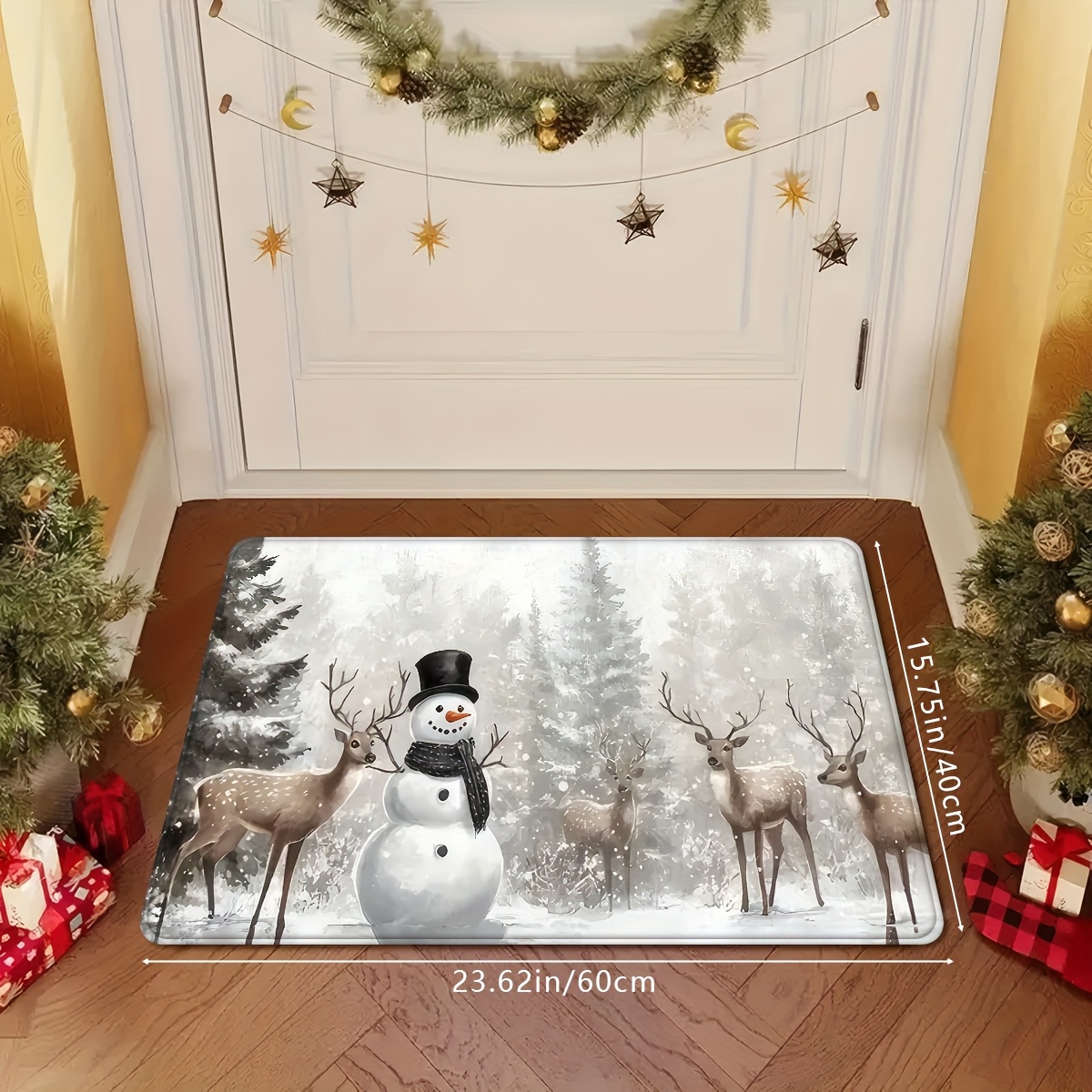 TEMU 1pc Christmas Winter Theme Decorative Snowman And Pine Tree Print Door Mat, Soft Non-slip Absorbent Machine Washable Kitchen Mat, Cozy Door Mat,