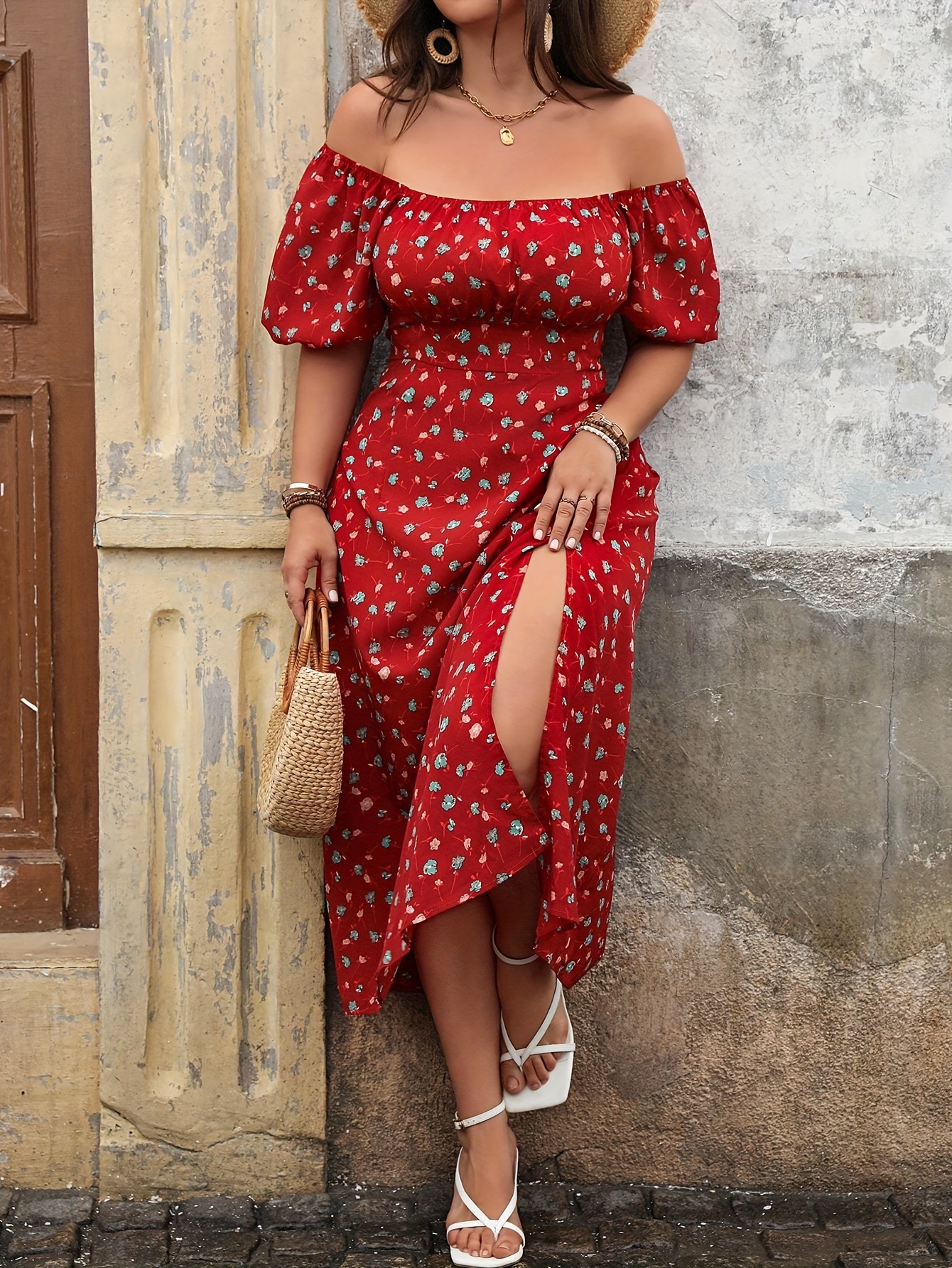 fitted lace wedding dress Red & Mustard Yellow Floral Printed Midi Dress – Amukti main image 1