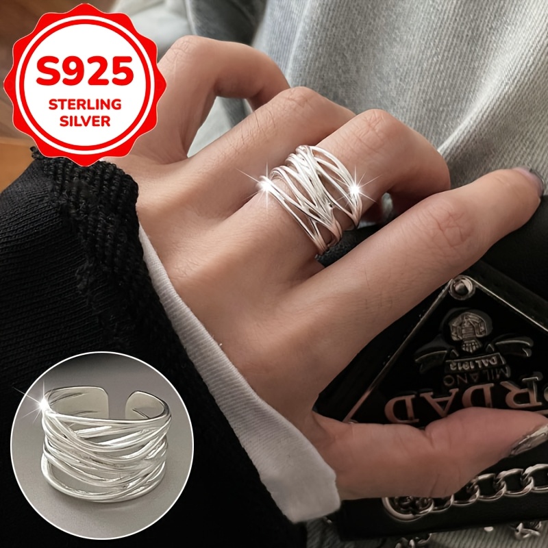 TEMU 1pc Women's Fashion Statement Ring S925 Pure Silver Geometric Line Cross Ring Women's Irregular Wide Band Suitable For Best Friend Gift, Party
