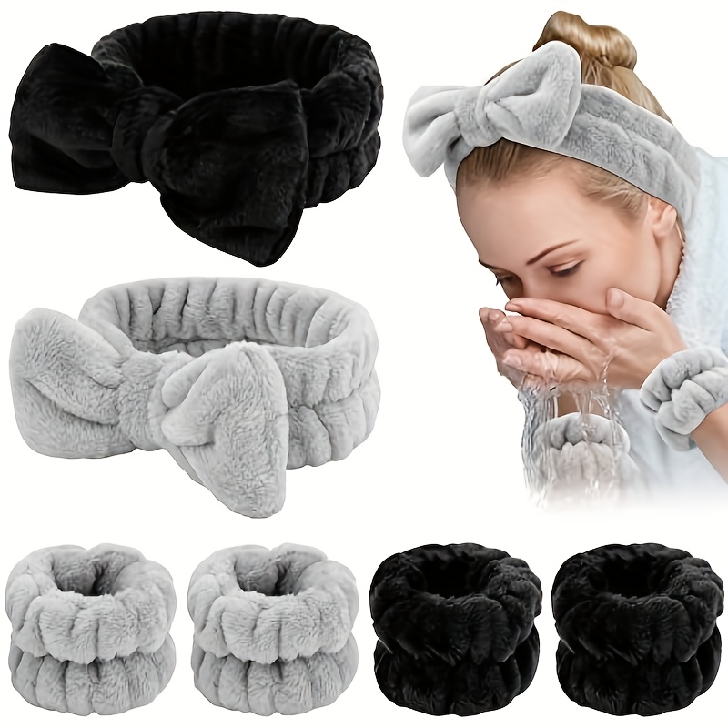 

Women' Color End Headband And Wristband Set, Flannel Beauty Makeup Hair Accessories, Plush Wristband For Face Washing