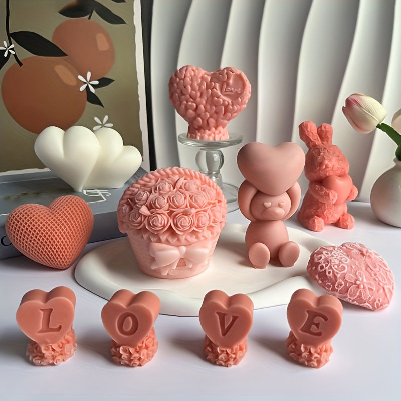 

1 Set Of 9 Molds Valentine's Day Love Bear Flower Love Letter Love Double Love Flower Basket Candle Mold Diy Aromatherapy Hand Soap Drop Glue Plaster Silicone Mold