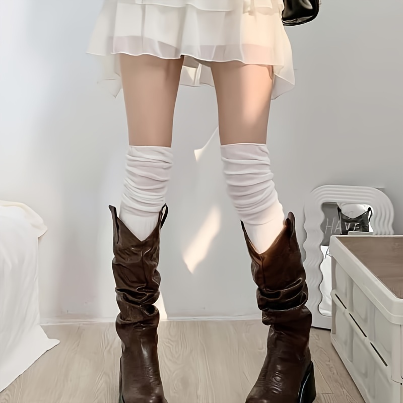 Women'S Over-the-Knee Socks, Ruffle Detail, Striped Knit Polyester, 90g/m?, Hand Wash, Slimming Fit, Versatile for Spring, Autumn, and Winter