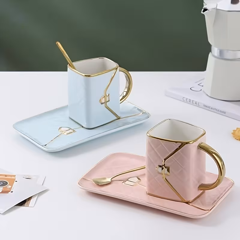 1 bag shaped dessert ceramic cup with spoon and saucer set breakfast coffee mug and plate set handheld for office home coffee tea hot chocolate and latte Product details 2