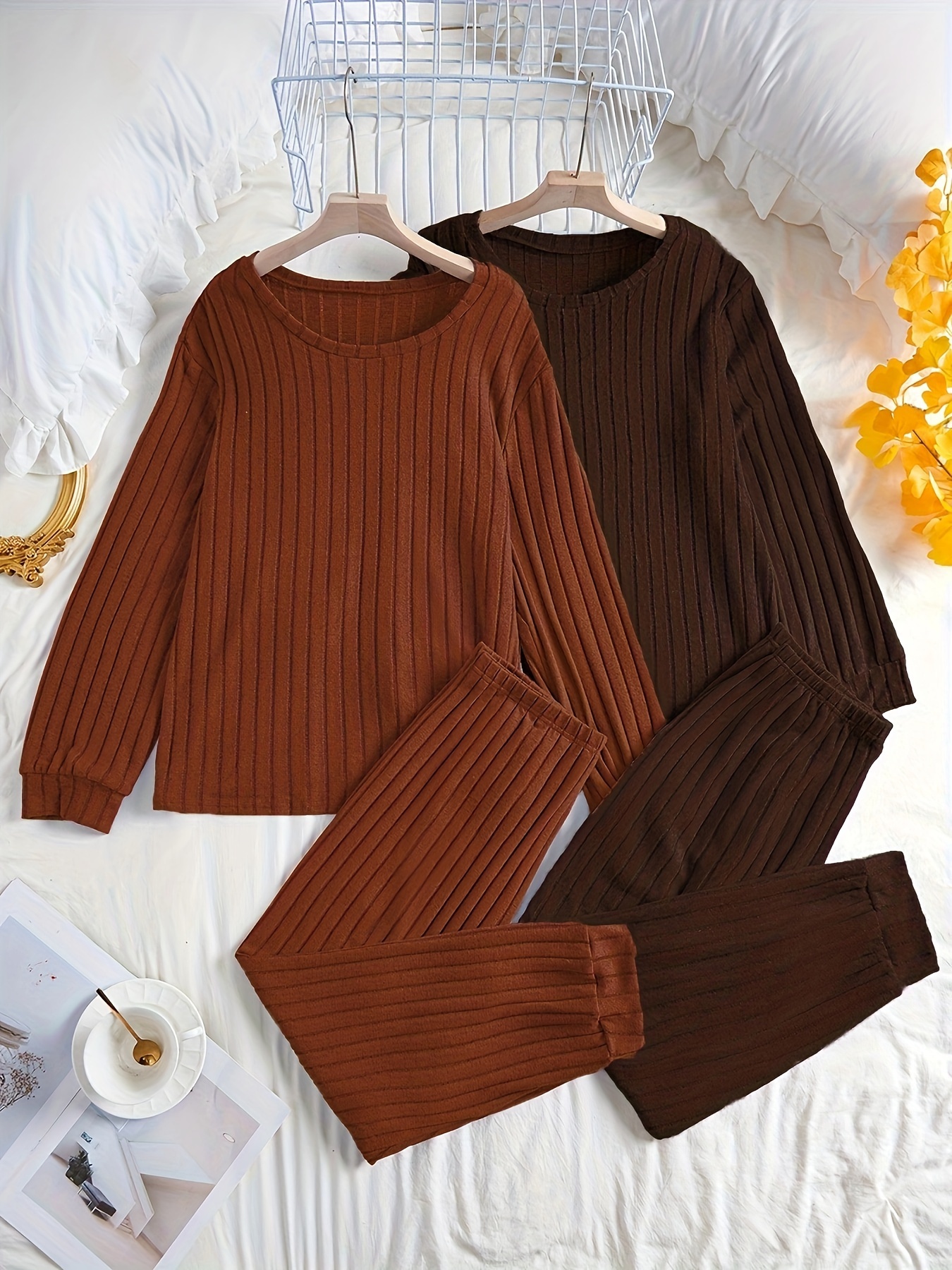 【新品未開封 在庫ラスト】RIB KNIT LOUNGE SET / BROWN Women's 2-Piece Lounge Set Women's 2 Piece Lounge Pajama Set