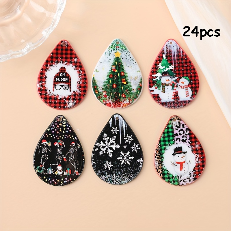 

24pcs Mixed New Christmas-themed Acrylic Snowflake Snowman Christmas Tree Plaid Drop Earrings Pendants Diy Pendant For Earrings Necklace Key Chain Bag Making Accessories