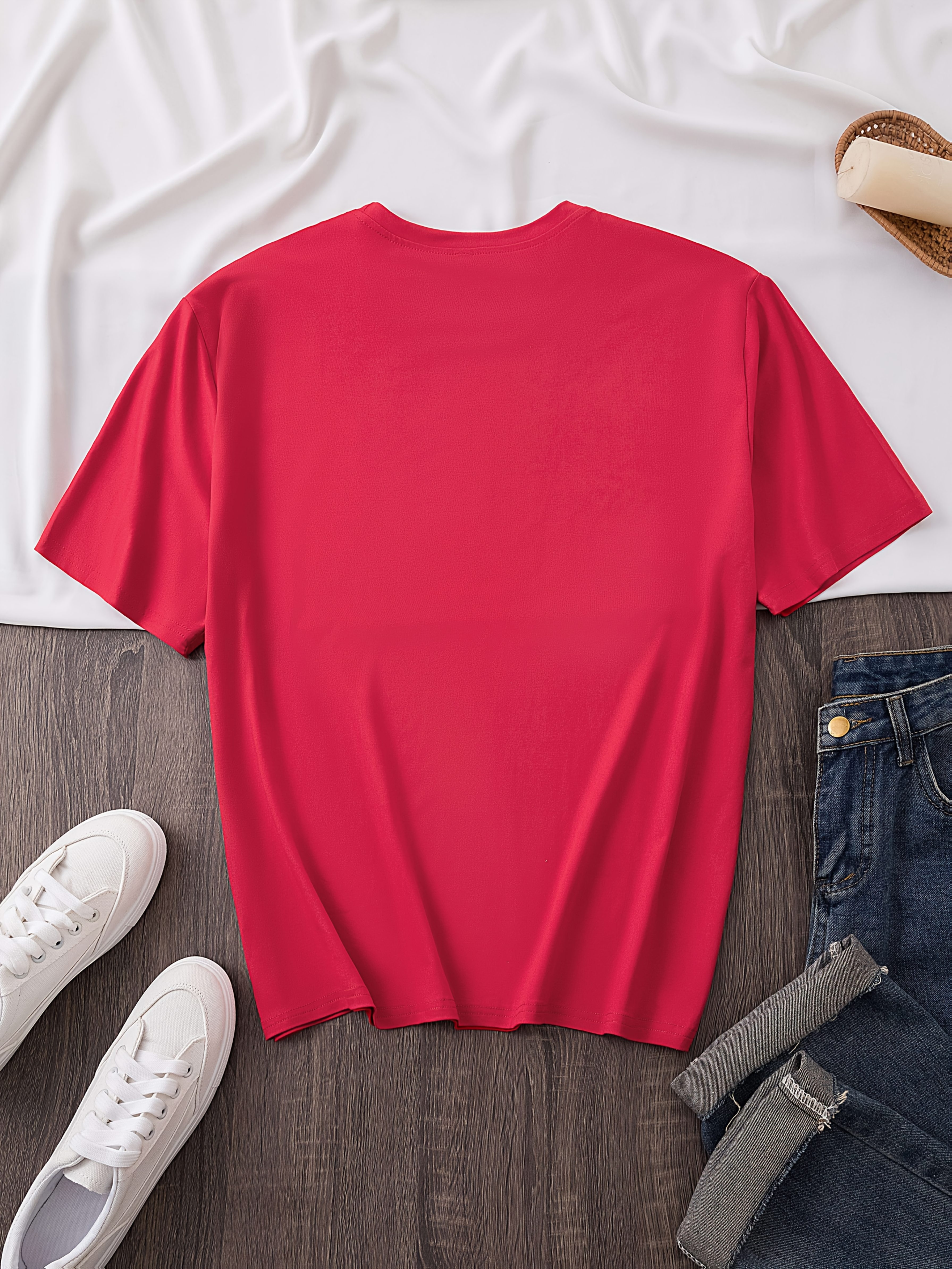 Women's Elegant Round Neck Short-Sleeve T-Shirt - Vibrant Red with White Calvin Monogram Print, Soft Fabric, Casual Versatile Top for Spring & Summer, Machine Washable, Casual Attire, Stylish Letter Print, Comfortable Fit