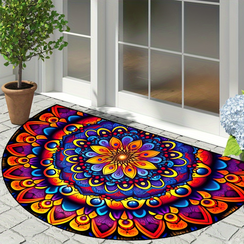 

1pc Machine Washable Polyester Doormat - Non-slip Semicircular Entrance Rug With Colorful Double Shadow Mandala Design For Indoor, Outdoor, Bedroom, Hallway, Patio - Photography Prop & Gift Idea