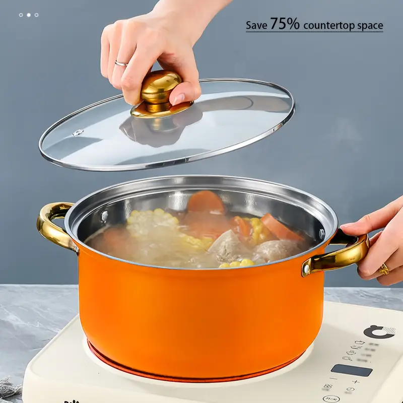 home use stainless steel 12pcs orange non stick cookware set soup pot frying pan milk pot and kitchen utensils with glass lids suitable for cooking cuisines Product details 7