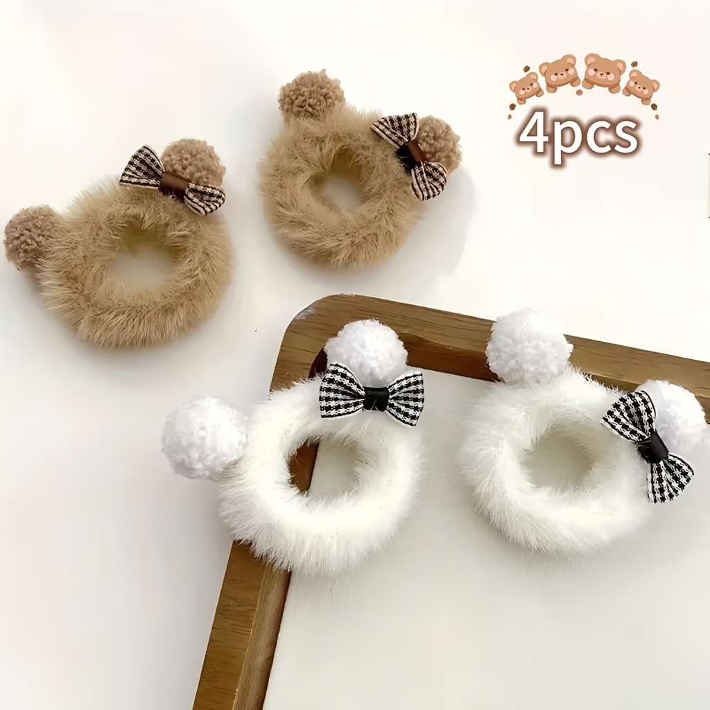 4pcs Set: Cartoon Teddy Bear Ball Ear Hair Tie, Towel Hair Scrunchie, Plush Autumn/winter Cute Adorable Hair Elastic Band, Hair Accessory