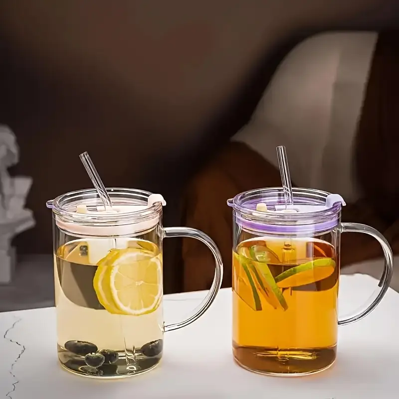 2 4 high capacity glass cups heat resistant household drinking cups come with cup brushes straws and lids in multiple colors Product details 3