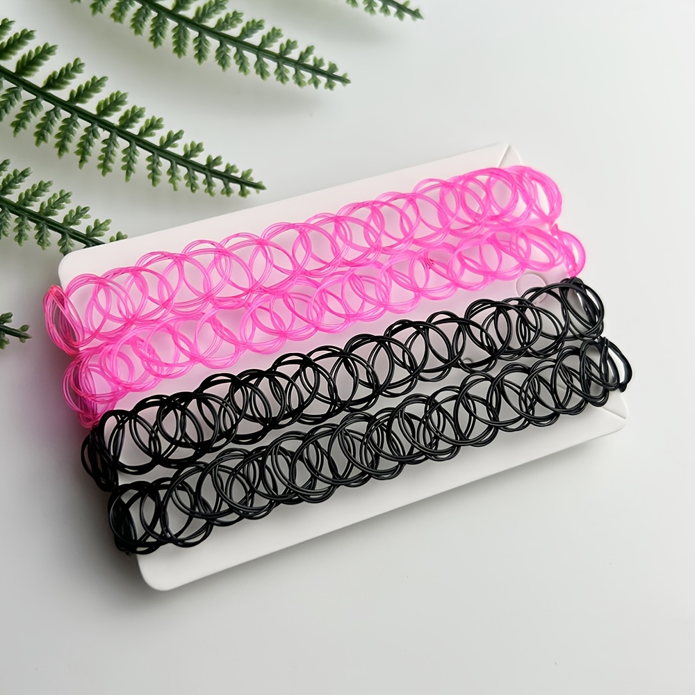 TEMU 4pcs Black Tattoo Choker Necklace 90s Choker Set Handmade Pink Tattoo Choker 90s Additions 2000s Jewelry Gothic Collar Stretchy Elastic Vintage