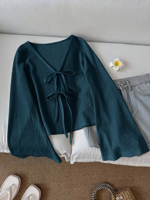 solid color front tie bow open front fashion flared sleeve blouse new womens short top