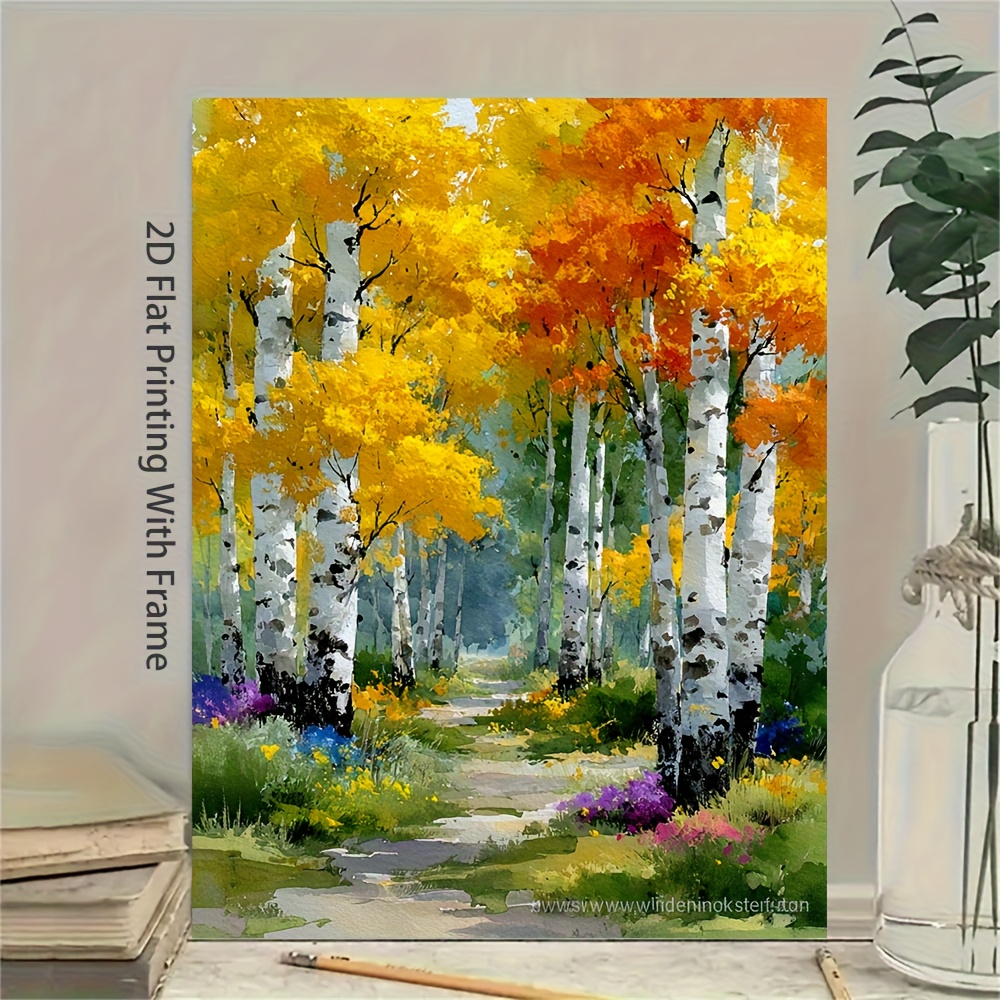 TEMU 2d Flat, 1pc Framed Birch Tree Watercolor Painting - Autumn Forest Suitable For Wall Decoration, Wrap-around Frame, Fall-themed Scandinavian