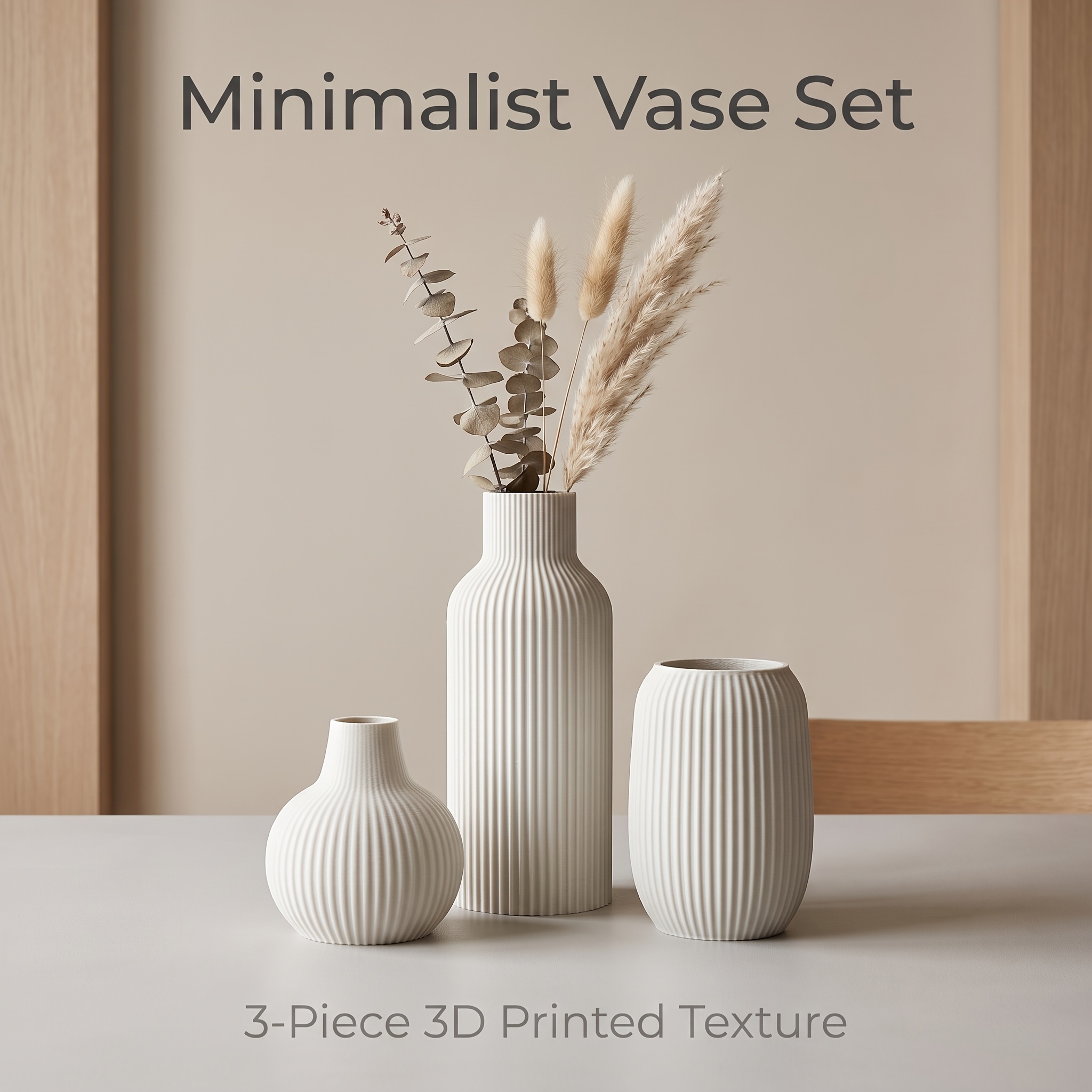 TEMU 3-delige Matte PLA Plastic 3D Geprinte Vaas Set, Gestreepte Reliëf Decoratieve Vazen, Moderne Minimalistische Eetkamer En Woonkamer