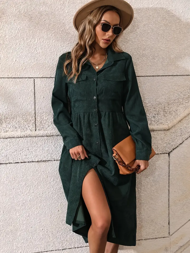 dark green corduroy shirt dress Long-sleeve Corduroy Shirt-dress For Women