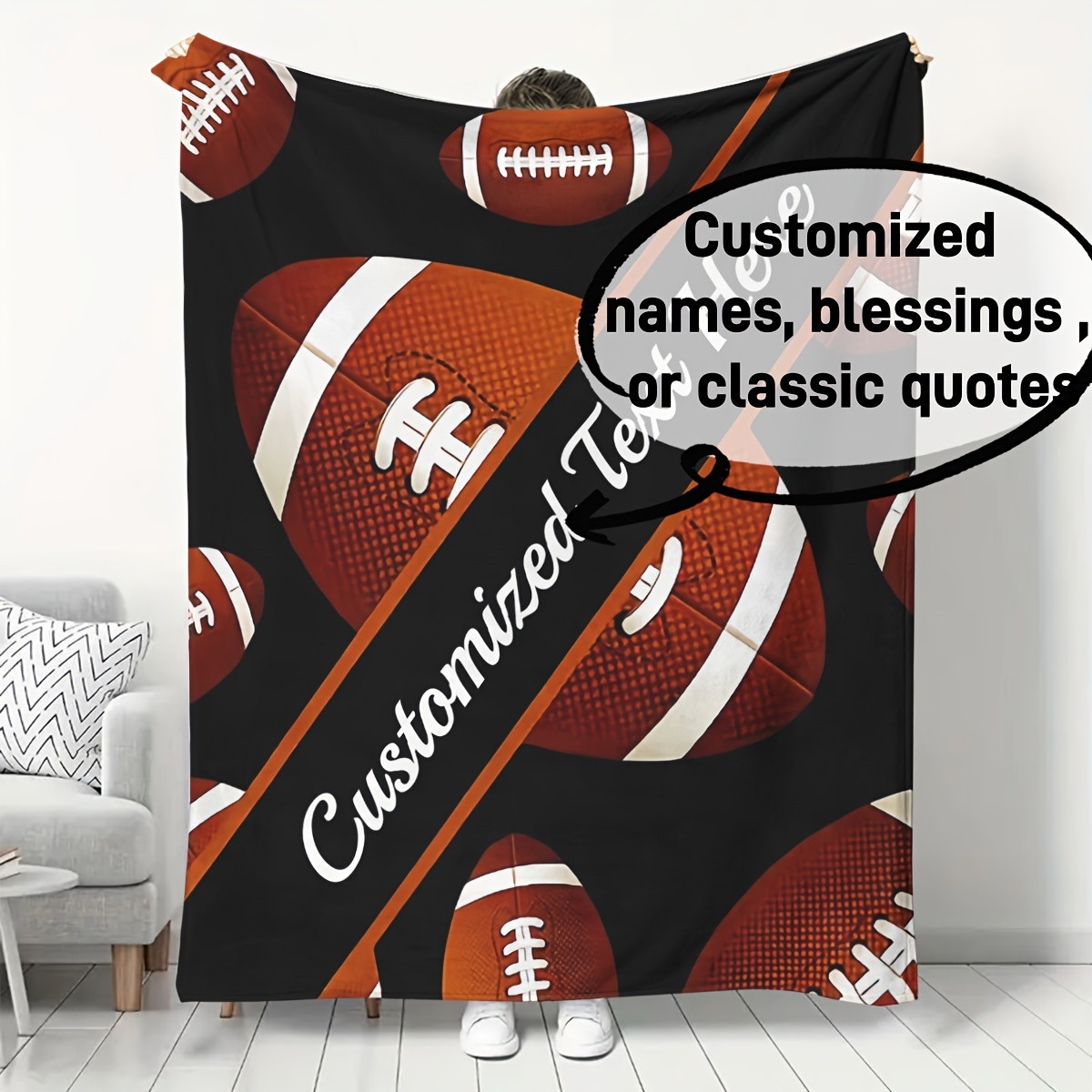 

Personalized Football-themed Flannel Throw Blanket - Custom Text (up To Characters) - , Camping & Gifts