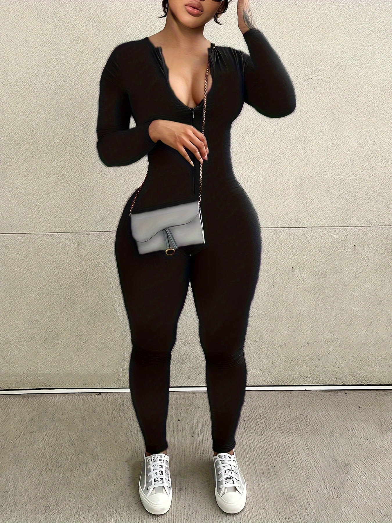 women's high stretch solid black zip jumpsuit long sleeve - Temu women's high stretch solid black zip jumpsuit long sleeve - Temu