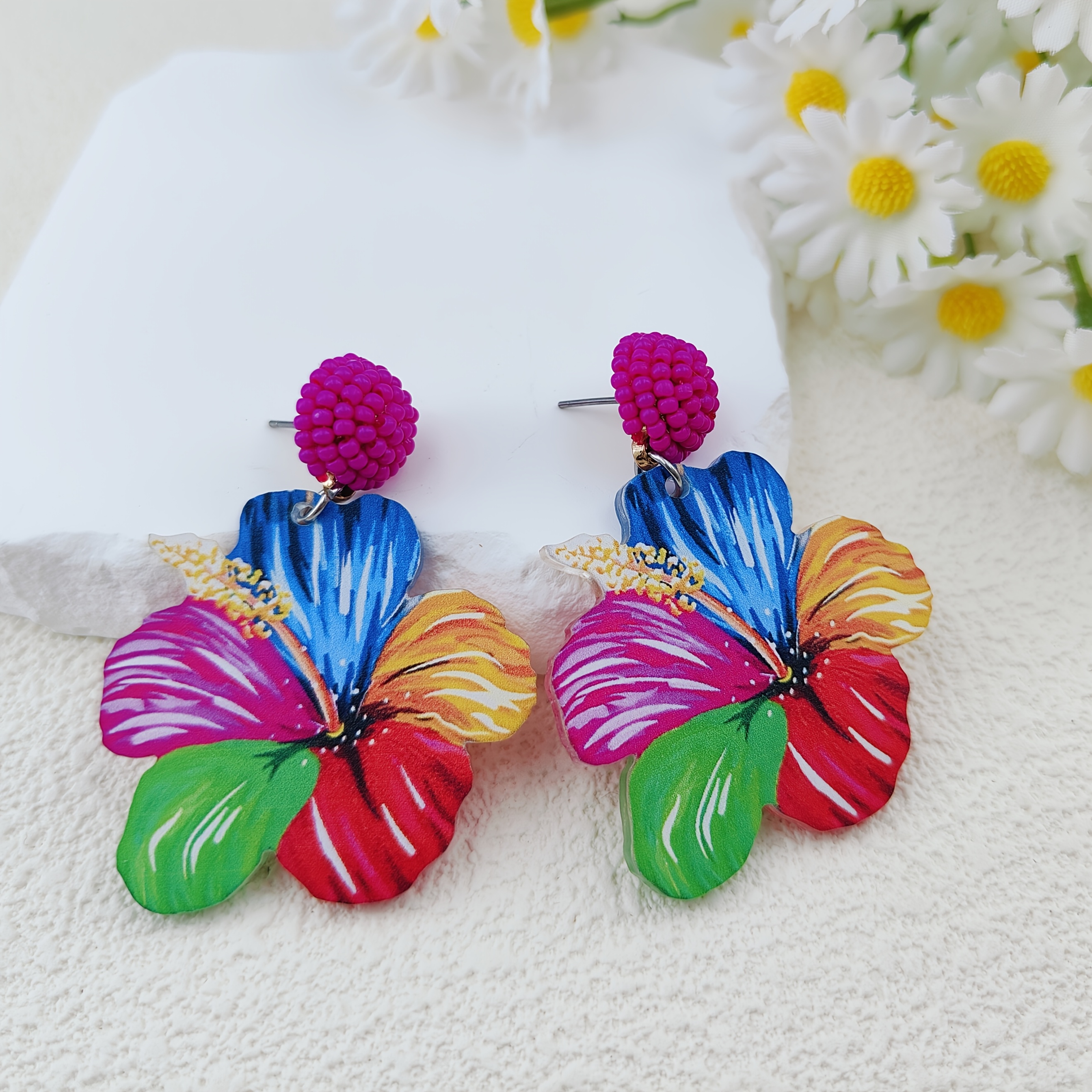 Elegant Multi-Colored Petal Design Resin Flower Earrings