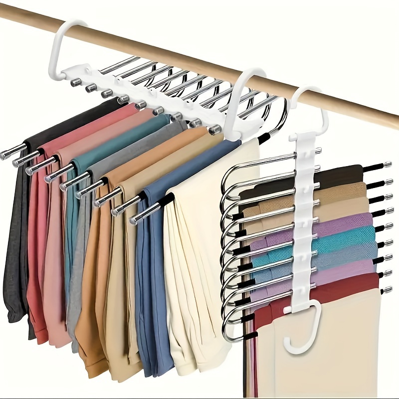 

Space-saving S-shaped Pants Hanger - 9-layer Anti-slip Organizer - 5 Extra Hooks, Can Hang Jeans, Tights And Trousers - Increase Wardrobe Space By 80%