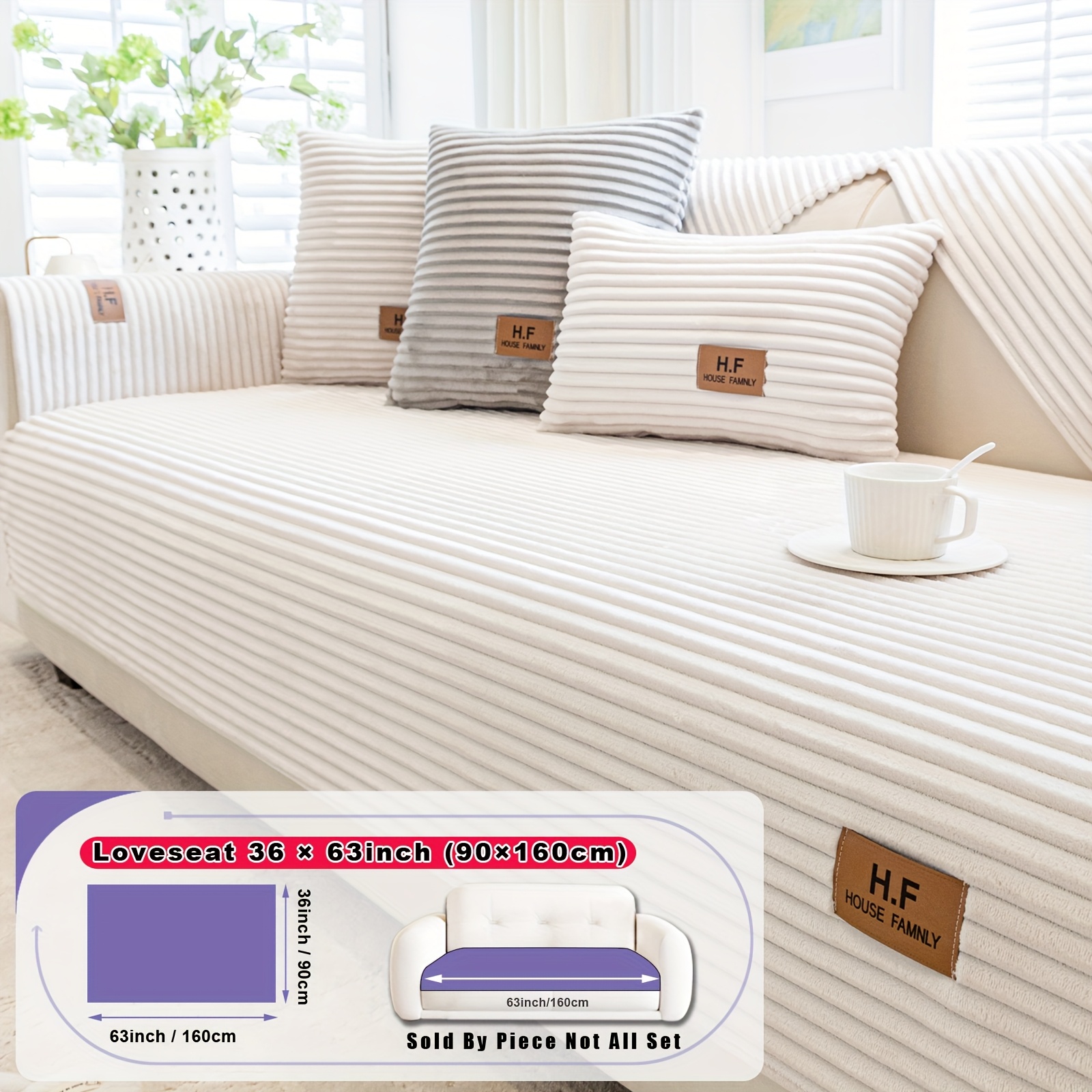 TEMU 1 housse de coussin en flanelle moderne HF - Protège-canapé antidérapant pour animaux avec design rayé et patchs similicuir, lavable en machine,