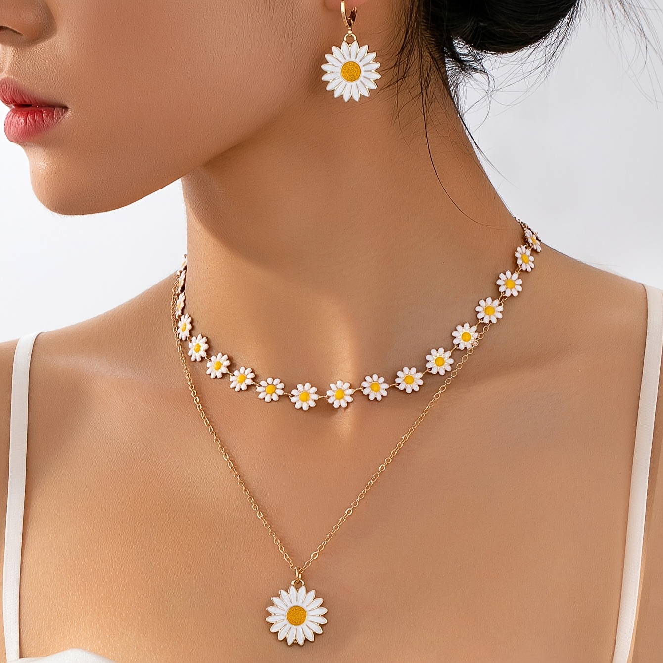 TEMU A Stylish Three-piece Set Featuring A Bohemian With Metal Drip Oil And Small Daisy Pendants, Women's Everyday Holiday Outfits Including A