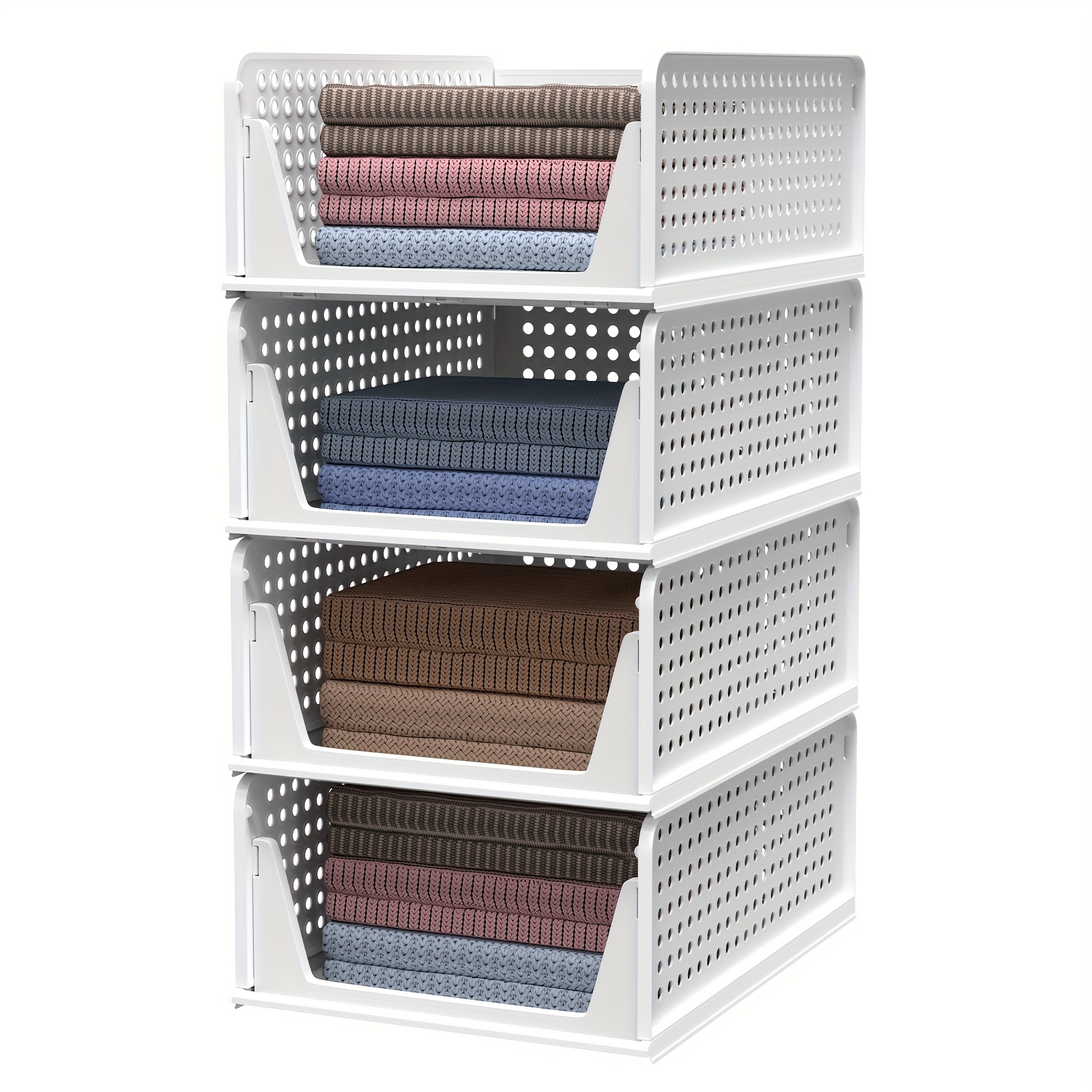 TEMU 4pcs Foldable Plastic Drawer Storage Bins - Freestanding Wardrobe Organizer For Closet, Bedroom, Office - Stackable Clothes Shelf Baskets With
