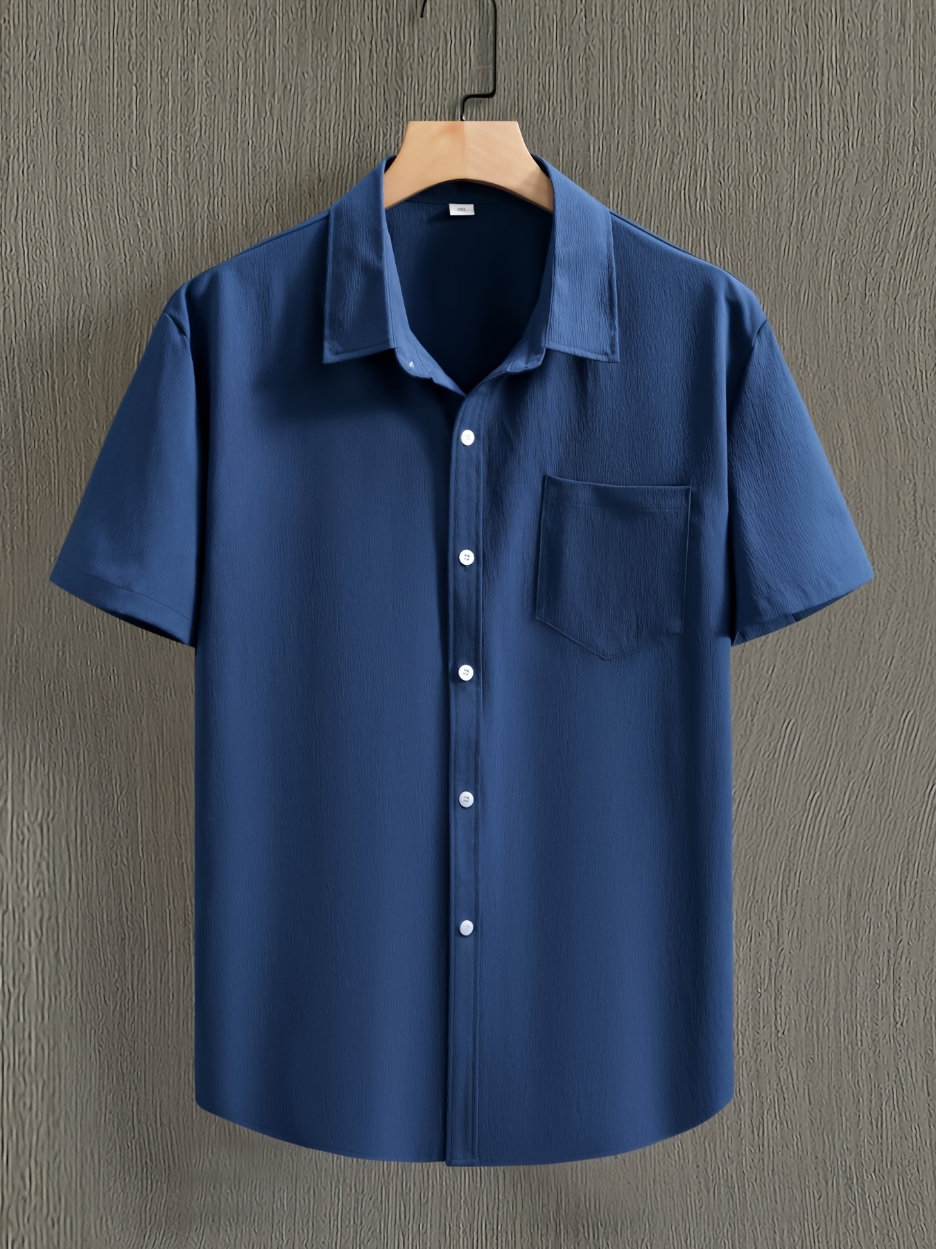 Men's Casual Short Sleeve Button-Up Shirt - Wrinkle-Resistant Polyester, Dark Gray with Collar & Chest Pocket, Lightweight Summer Wear for Everyday Use, Everyday Shirt | Modern Casual Style | Polyester Fabric, Short Sleeve Tops, PLUS SIZE