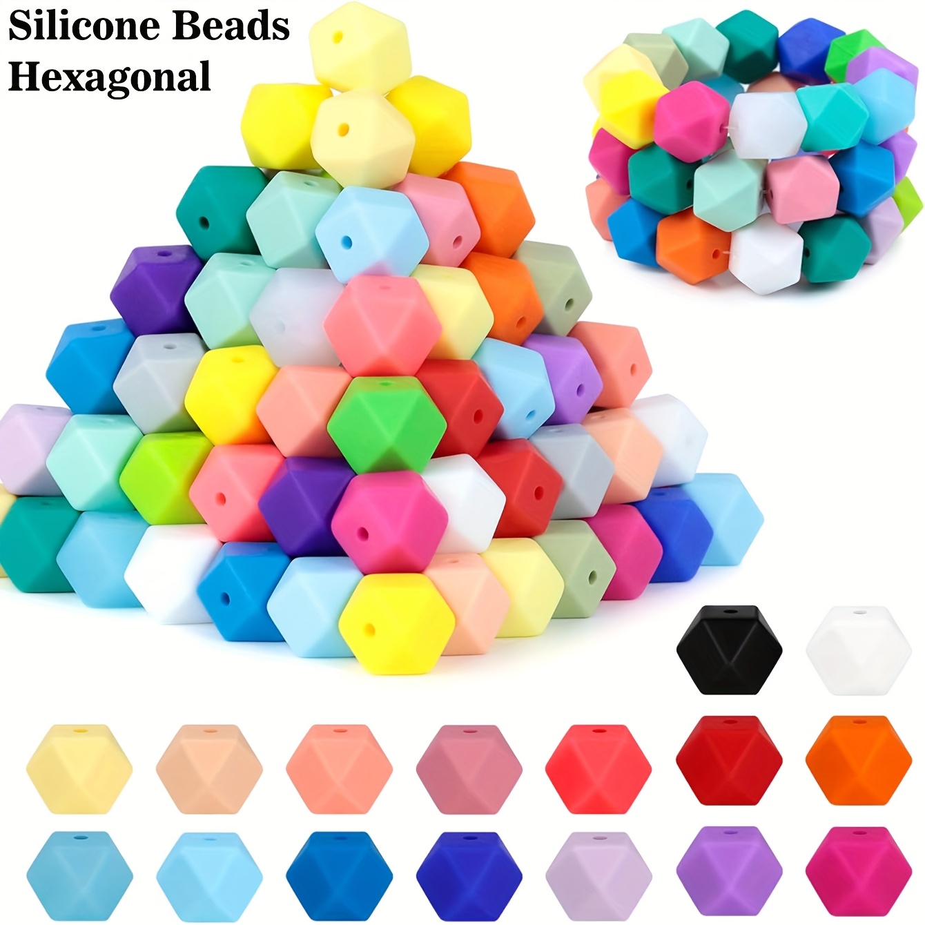 

60/30/10pcs Silicone Beads Mixed Color Hexagonal Silicone Beads Bulk Spacer Beads Silicone Bead Kit For Bracelet Necklace Keychain Jewelry Making