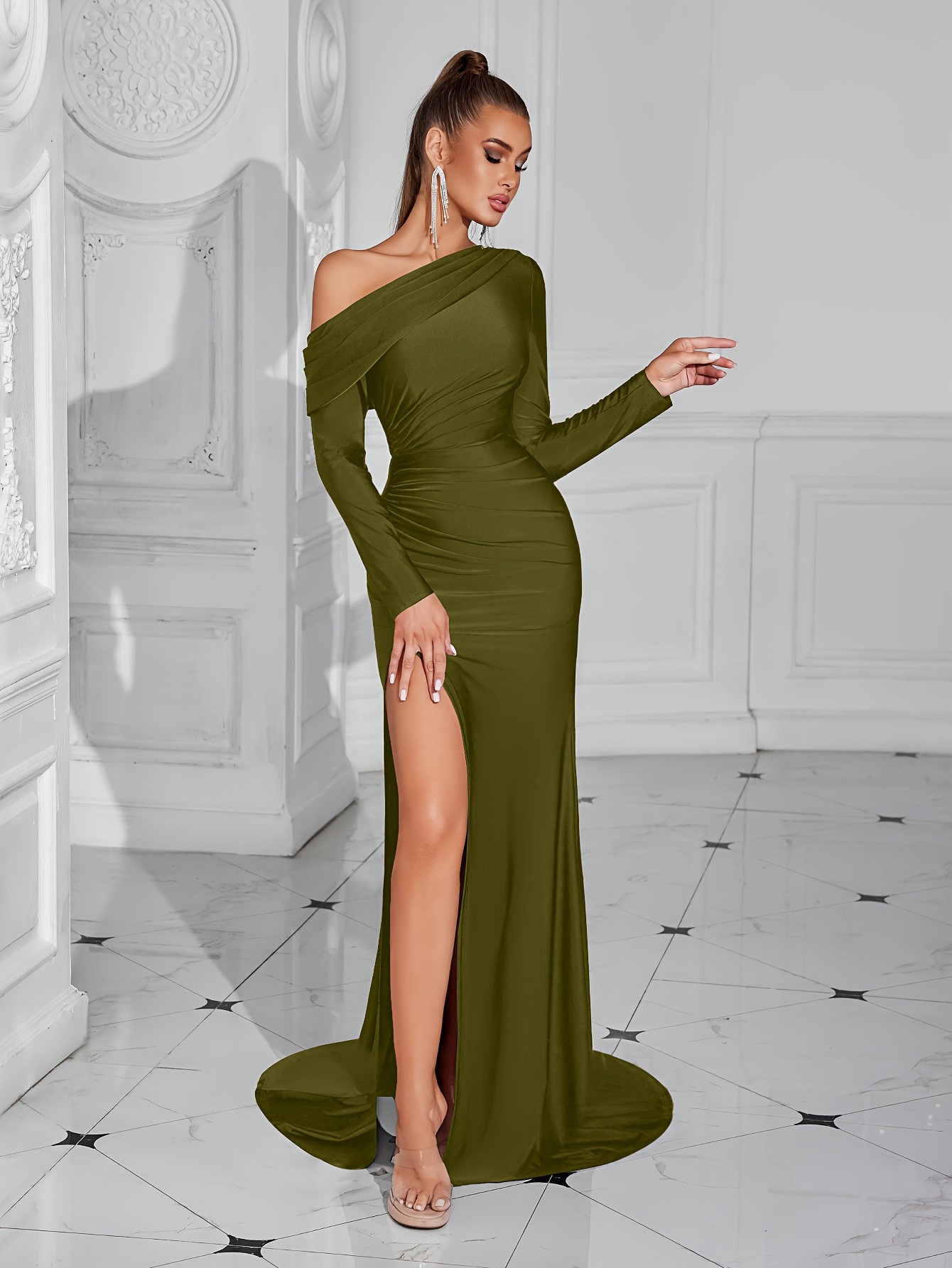 formal dress shop bangor One Shoulder Long Sleeve Sheath Satin Wedding Dresses with Long Train –  Viniodress main image 0