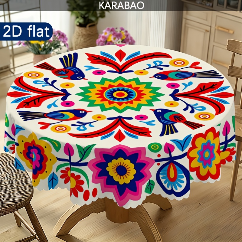 TEMU 1pc Mexican-style Floral And Bird Pattern Round Tablecloth, A Perfect Accent For Your Dining Table And Home Decor, An Ideal Gift For , Suitable