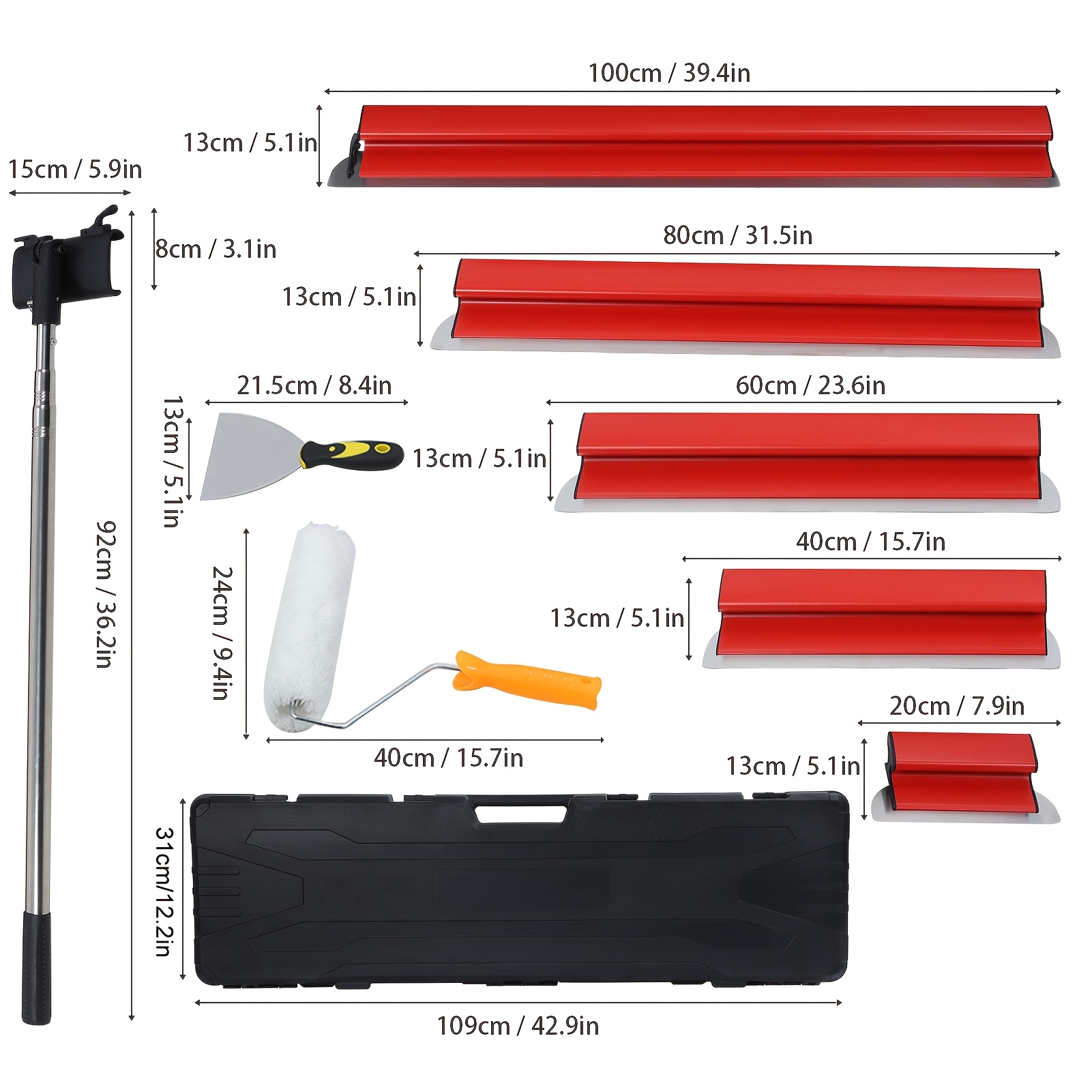 5pcs Set Of 20+40+60+80+100cm Stainless Steel Scraper, Red Plastic Handle Scraper Set, Putty Collection Knife, Flexible Extension Handle
