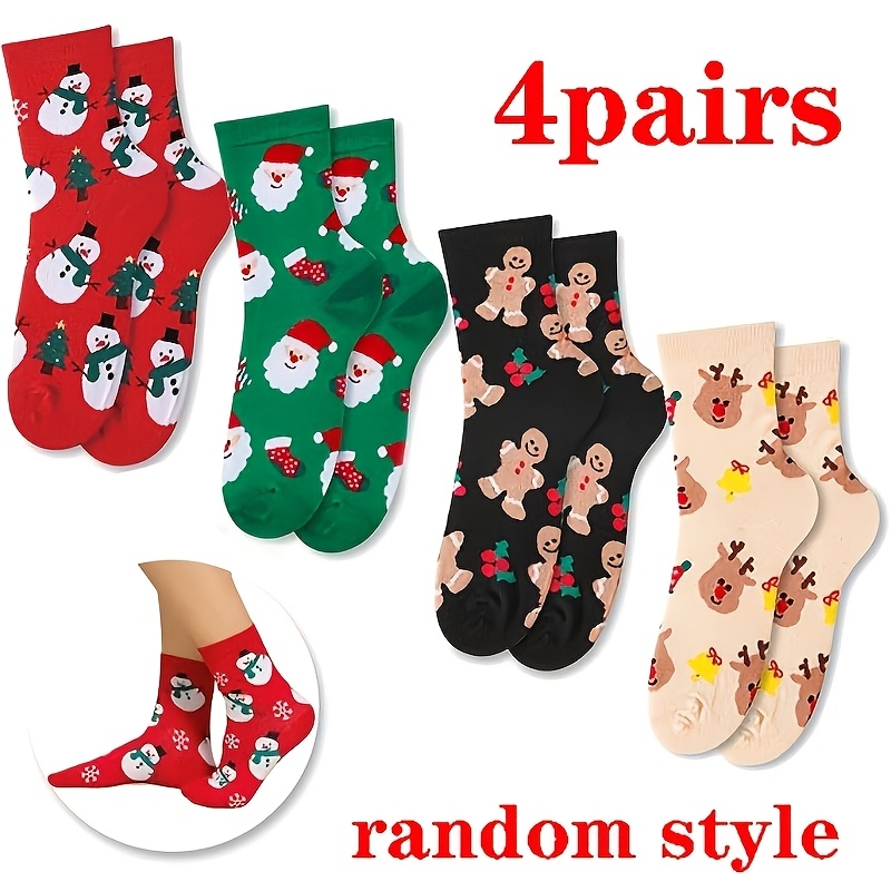 TEMU 4-pair Women's Christmas Stockings Featuring Santa Claus, Gingerbread For Man, Reindeer, And Snowman - Fun Novelty Socks, Random Styles