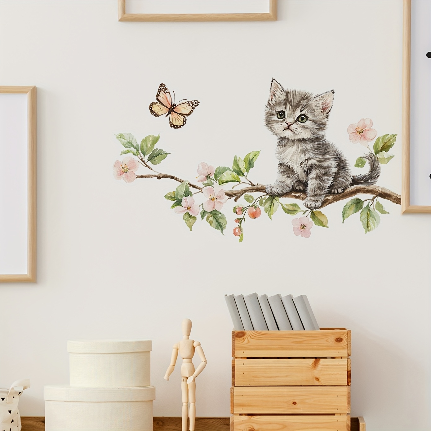Image of Creative Watercolor Kitty On Branch Wall Sticker - Removable, Contemporary Animal Print Design For Bedroom, Living Room, Hallway, And More,spring New Arrival