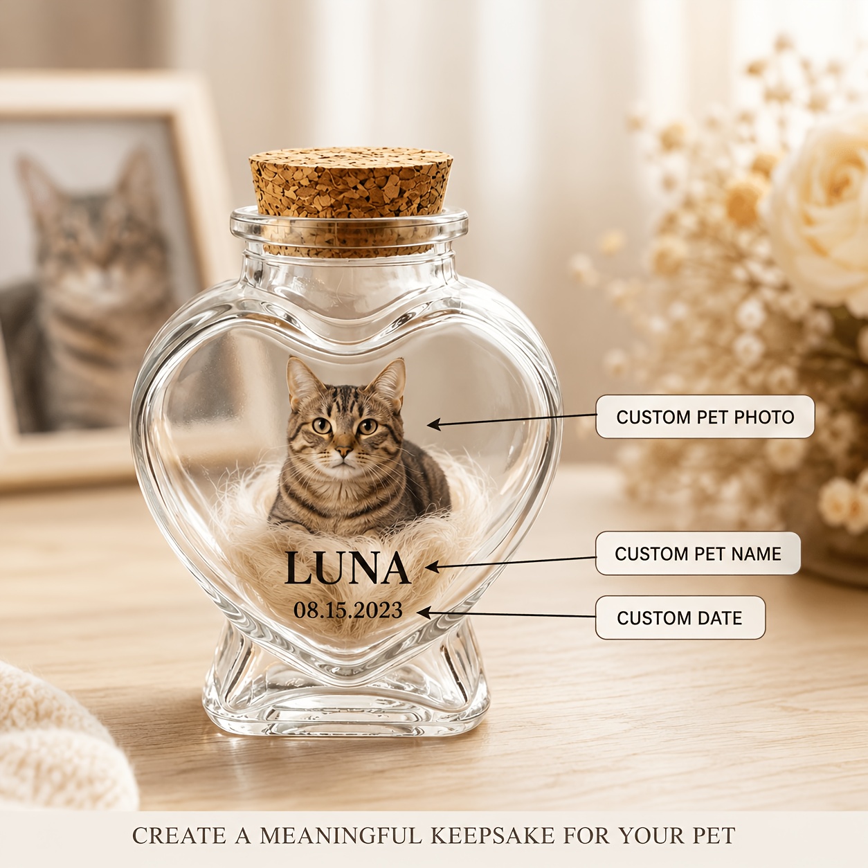 TEMU Personalized Keepsake Bottle, Custom Dog Or Cat Photo Name And Special Date, Heart Shaped Clear Glass Jar With Removable Cork, 7.5 X 5.5cm Pet