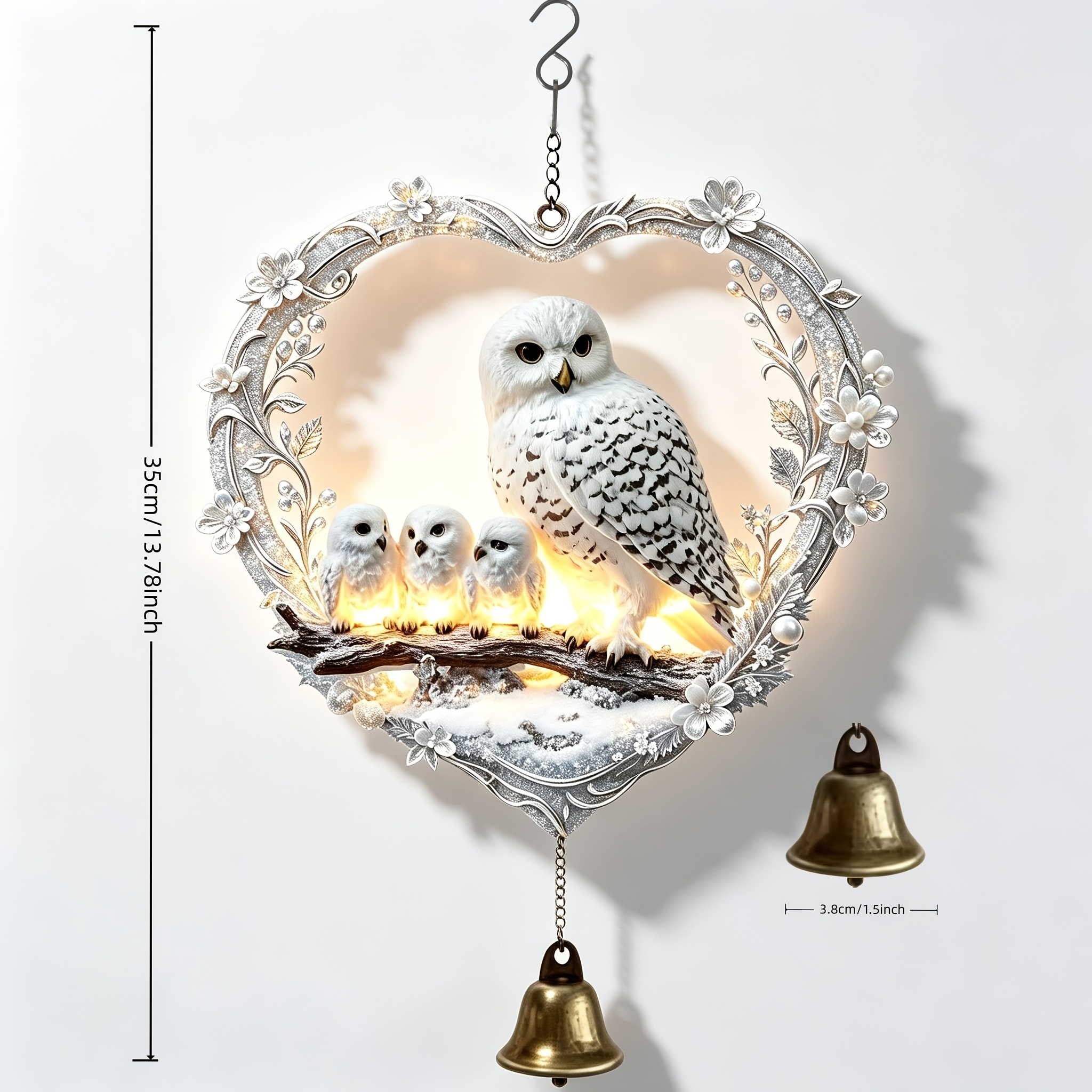 TEMU Carved Heart Flower Frame Glowing Snowy Owl Family Wind Chime Pendant, Suitable For Indoor Windowsills, , And Outdoor Courtyards, Swinging With