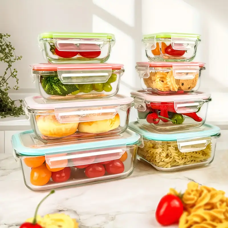 8pcs set of glass fresh keeping box food storage container leak proof sealed lid lunch box suitable for microwave ovens ovens refrigerators and dishwashers Product details 6
