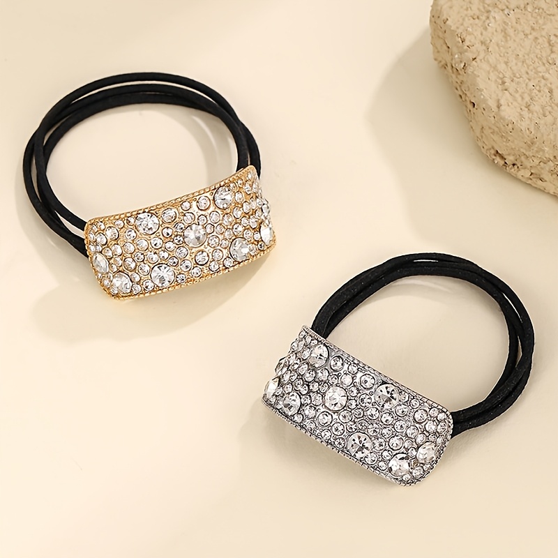 TEMU 2pcs New Bent Full Diamond Hair Tie Individual Temperament Bun Hair Ring High Elastic Leather Band Hair Rope Women's Hair Tie Ponytail Hair Ring