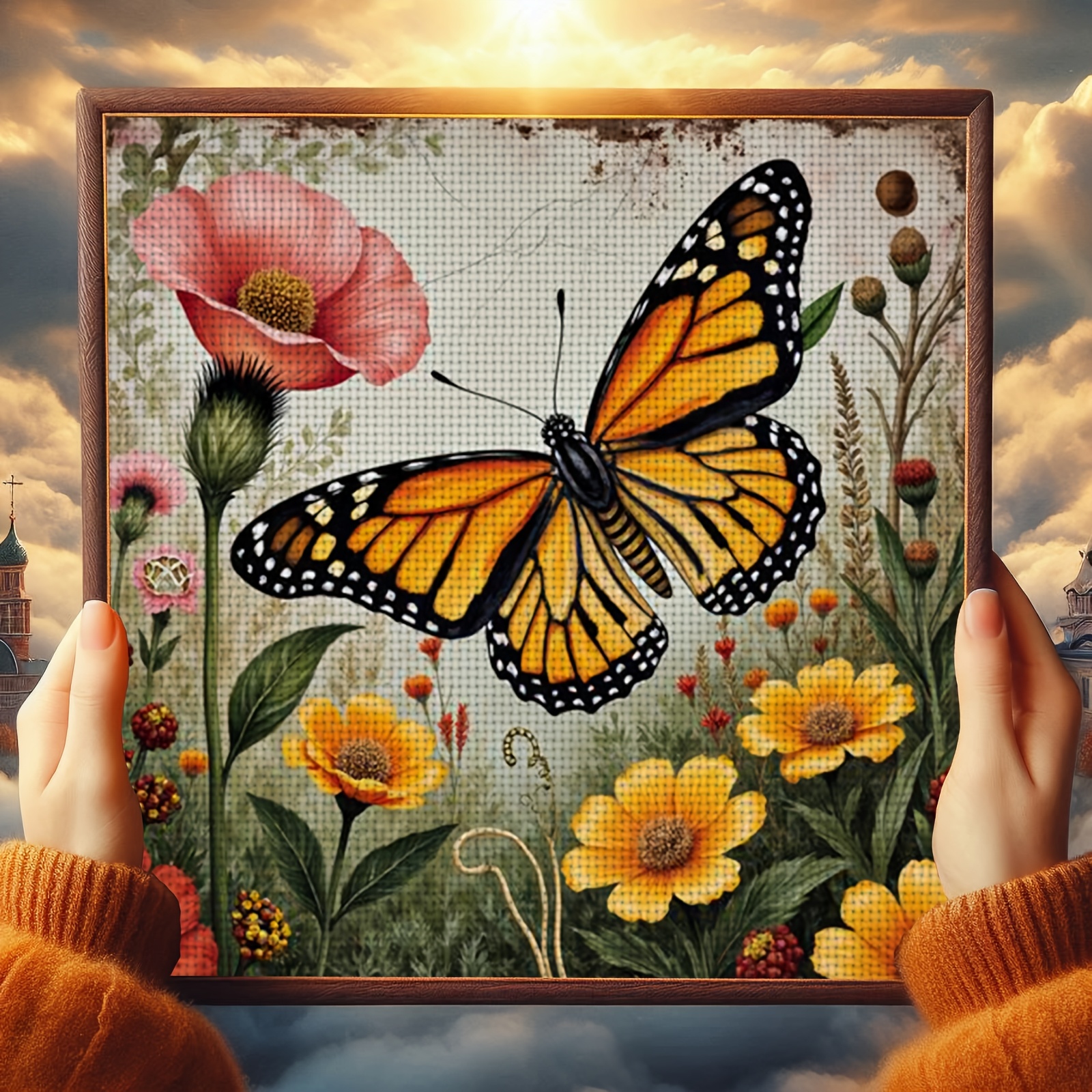 DIY Cross-stitch Printed Kit, Unframed, "Butterflies Among Flowers" Pattern