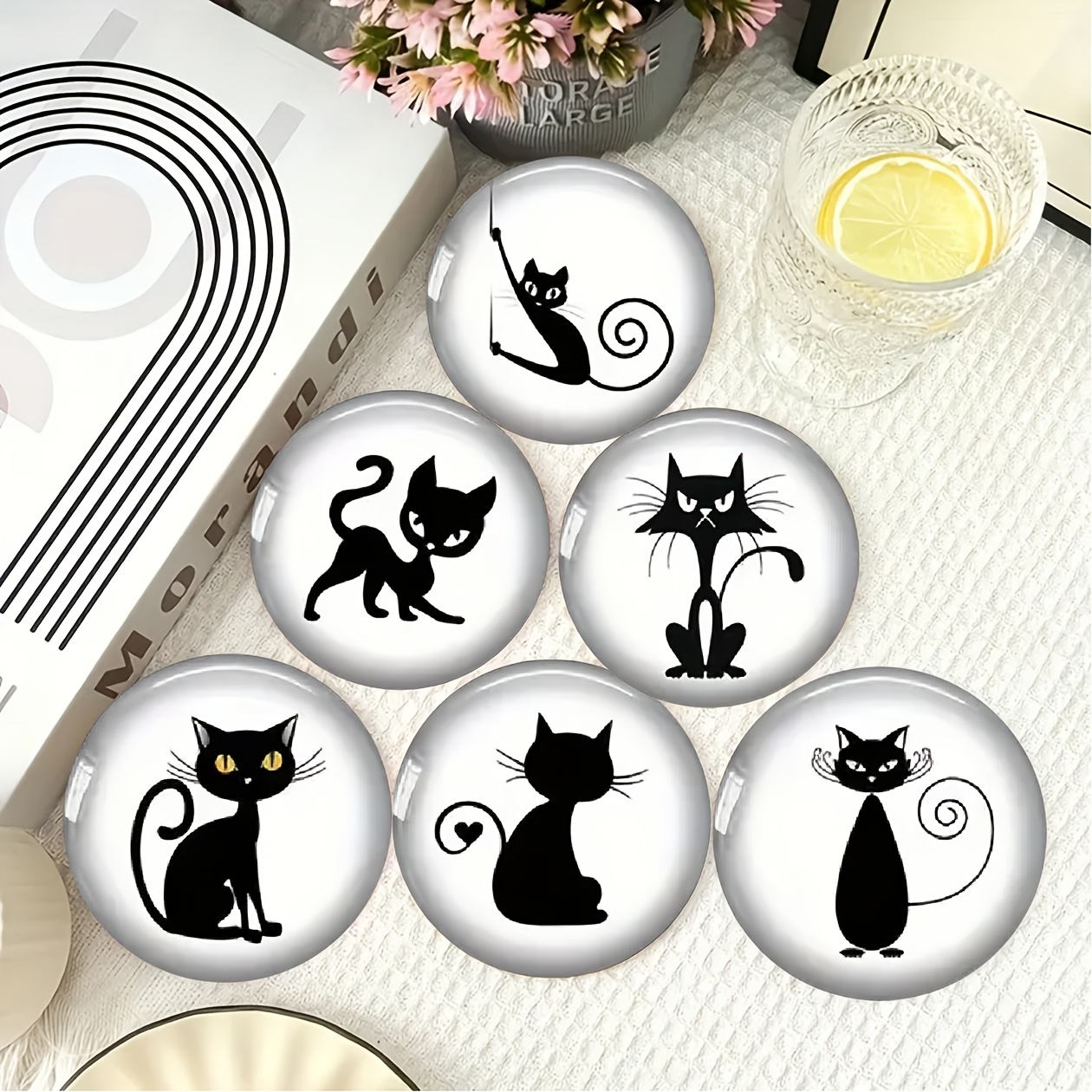 

6-pack Black Cat Wooden Coasters, Heat-resistant Cup Mats For Home, Pads, Suitable For Decorative , Room Decor, Themed Party Decorations - Other Wood Material